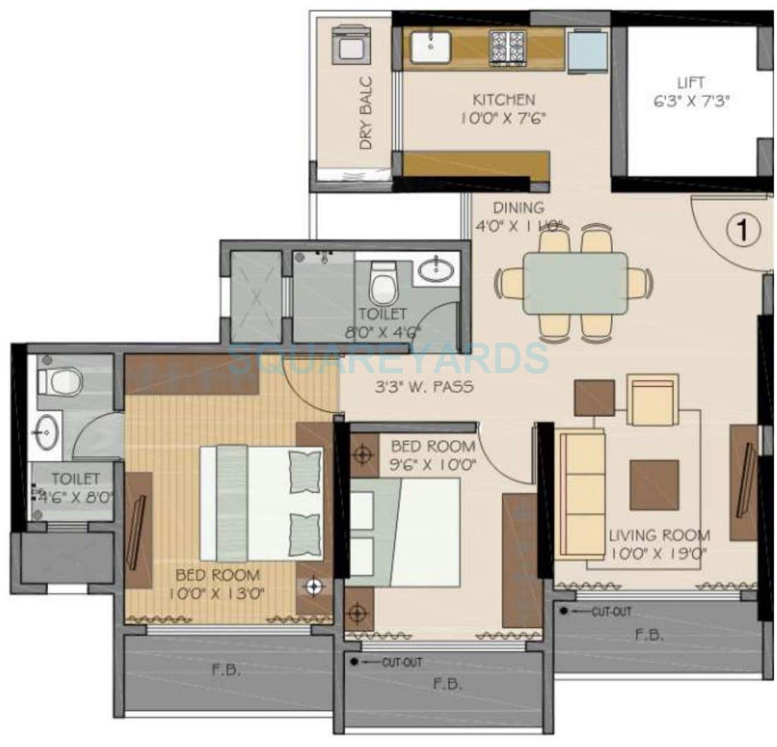 Floor plan of 2 BHK 1095 Sq. Ft. Apartment in Runwal Symphony, Mumbai
