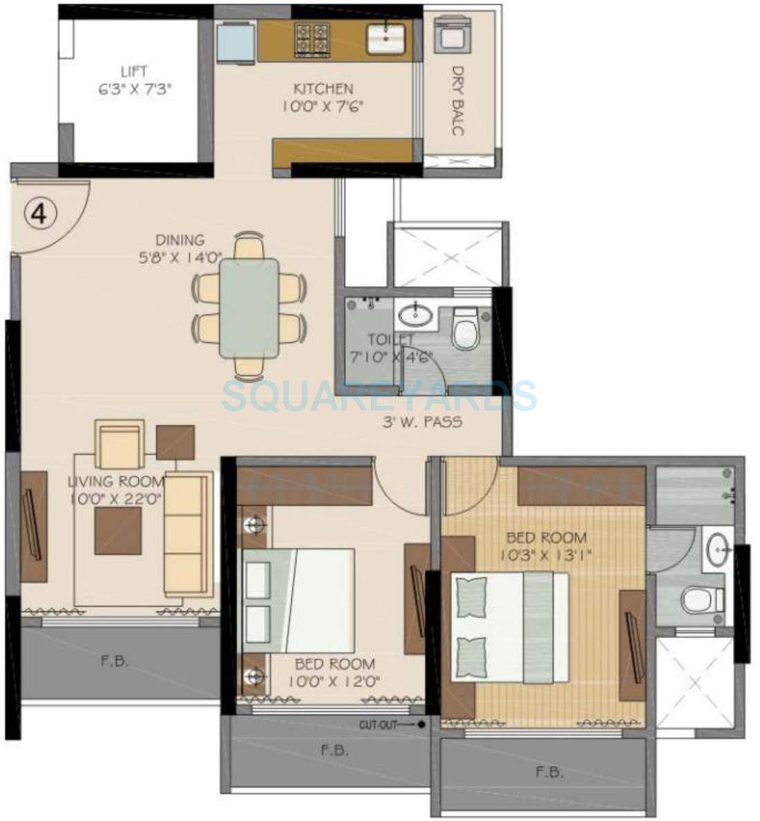 Floor plan of 2 BHK 1265 Sq. Ft. Apartment in Runwal Symphony, Mumbai