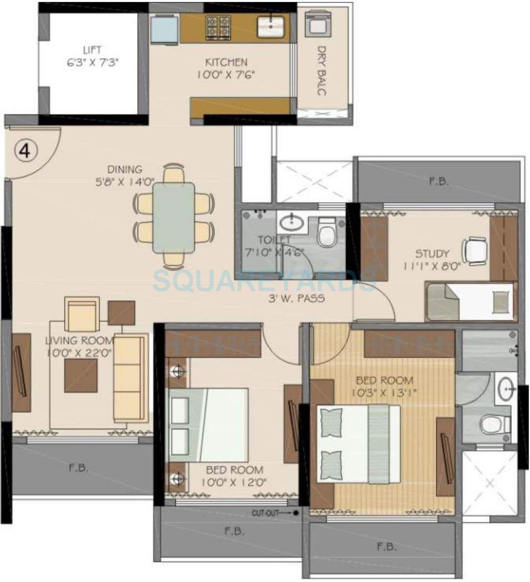 Floor plan of 2 BHK 1415 Sq. Ft. Apartment in Runwal Symphony, Mumbai