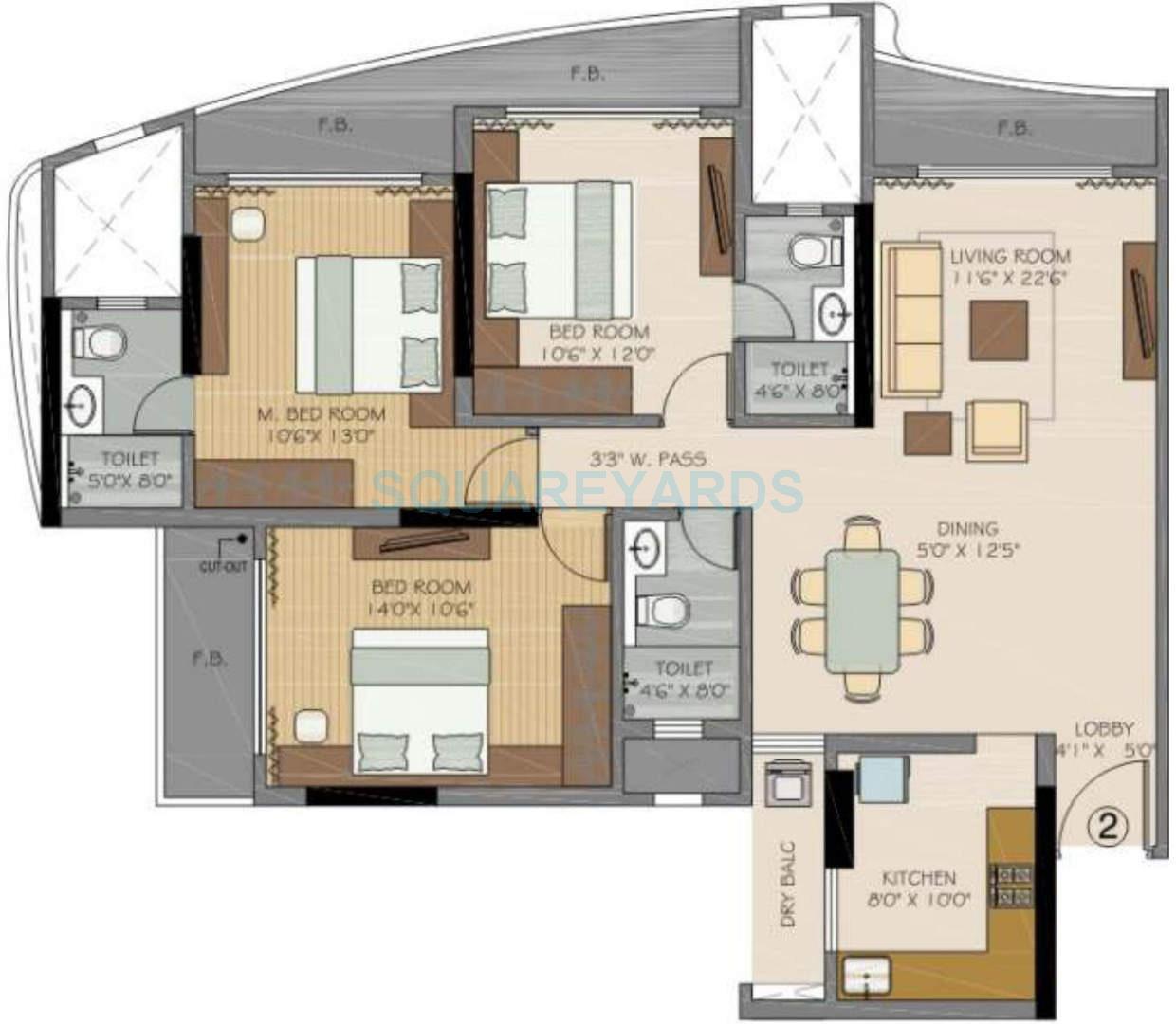 Floor plan of 3 BHK 1665 Sq. Ft. Apartment in Runwal Symphony, Mumbai