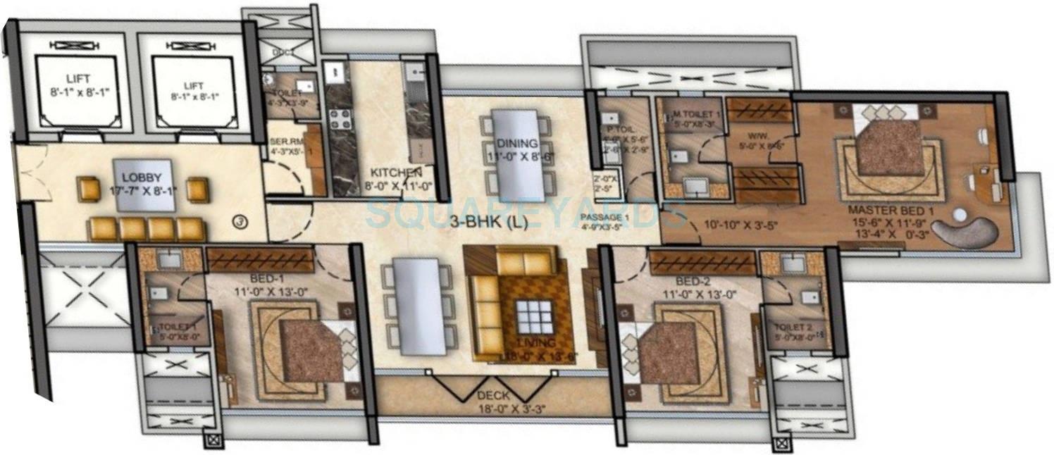Floor plan of 3 BHK 1281 Sq. Ft. Apartment in Runwal The Reserve, Mumbai