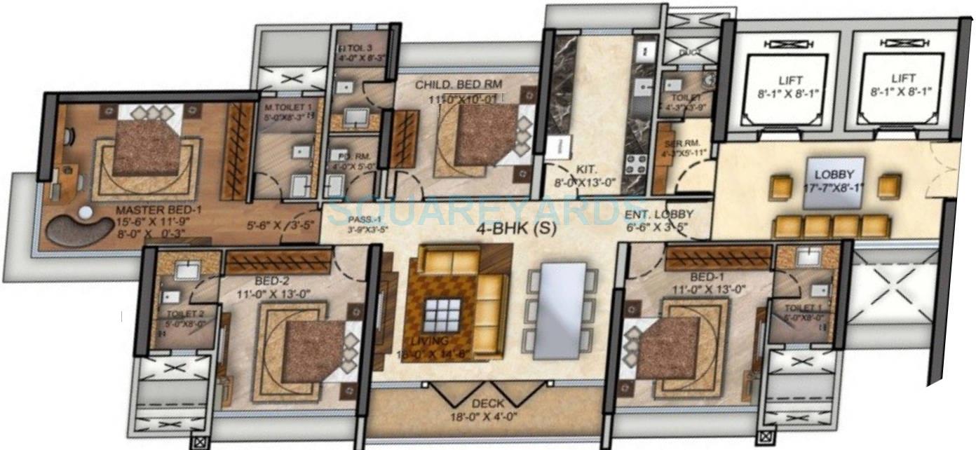 Floor plan of 4 BHK 1290 Sq. Ft. Apartment in Runwal The Reserve, Mumbai