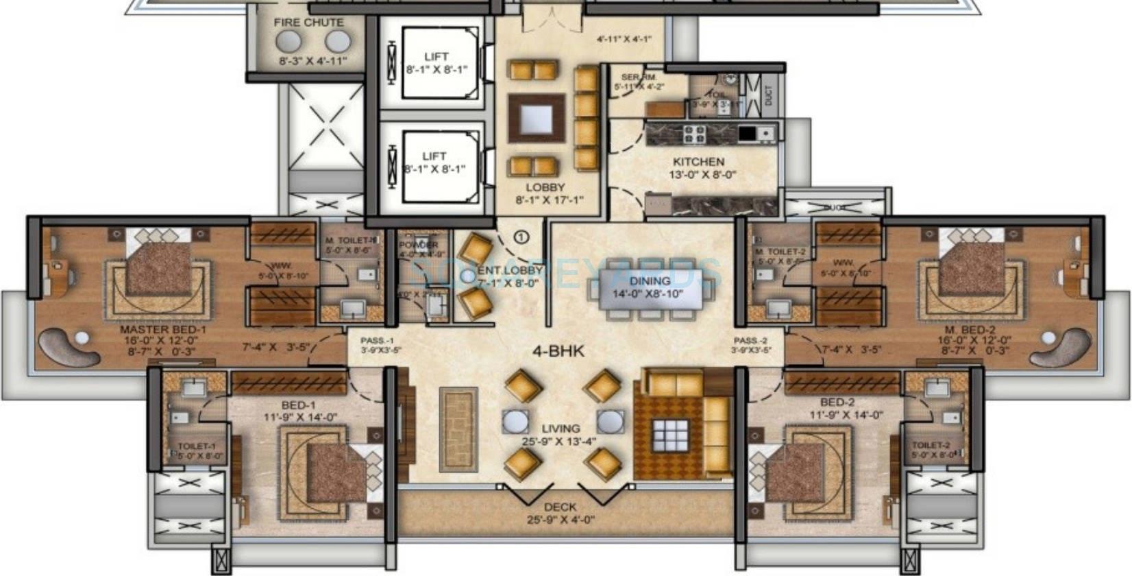 Floor plan of 4 BHK 1865 Sq. Ft. Apartment in Runwal The Reserve, Mumbai