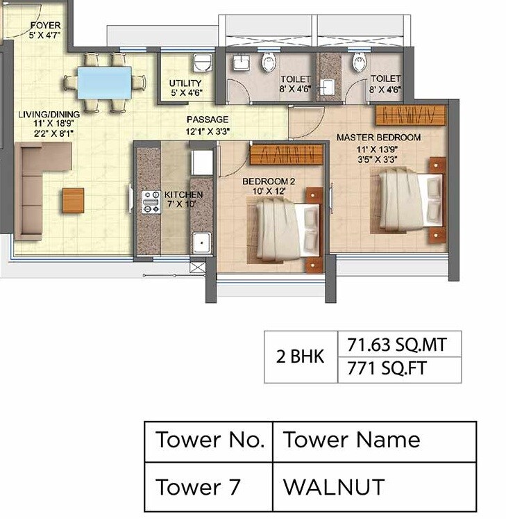 Floor plan of 2 BHK 771 Sq. Ft. Apartment in Runwal Walnut, Mumbai