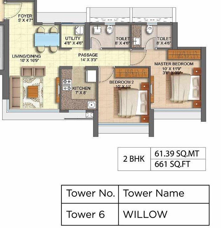 Floor plan of 2 BHK 661 Sq. Ft. Apartment in Runwal Willow, Mumbai