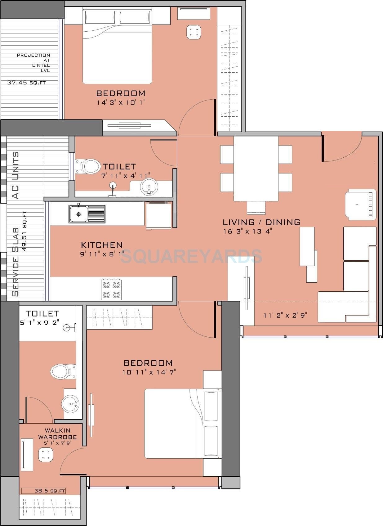 Floor plan of 2 BHK 770 Sq. Ft. Apartment in Ruparel Ariana, Mumbai