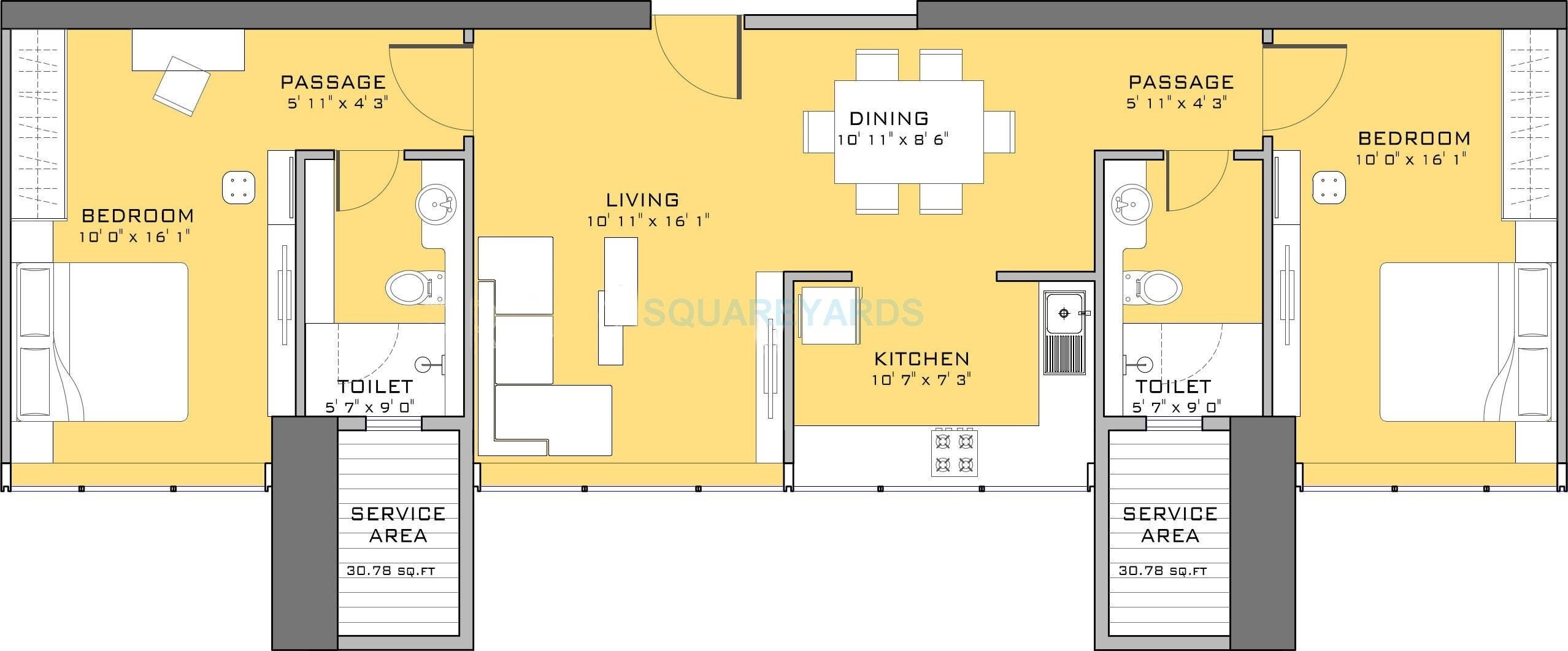Floor plan of 2 BHK 804 Sq. Ft. Apartment in Ruparel Ariana, Mumbai