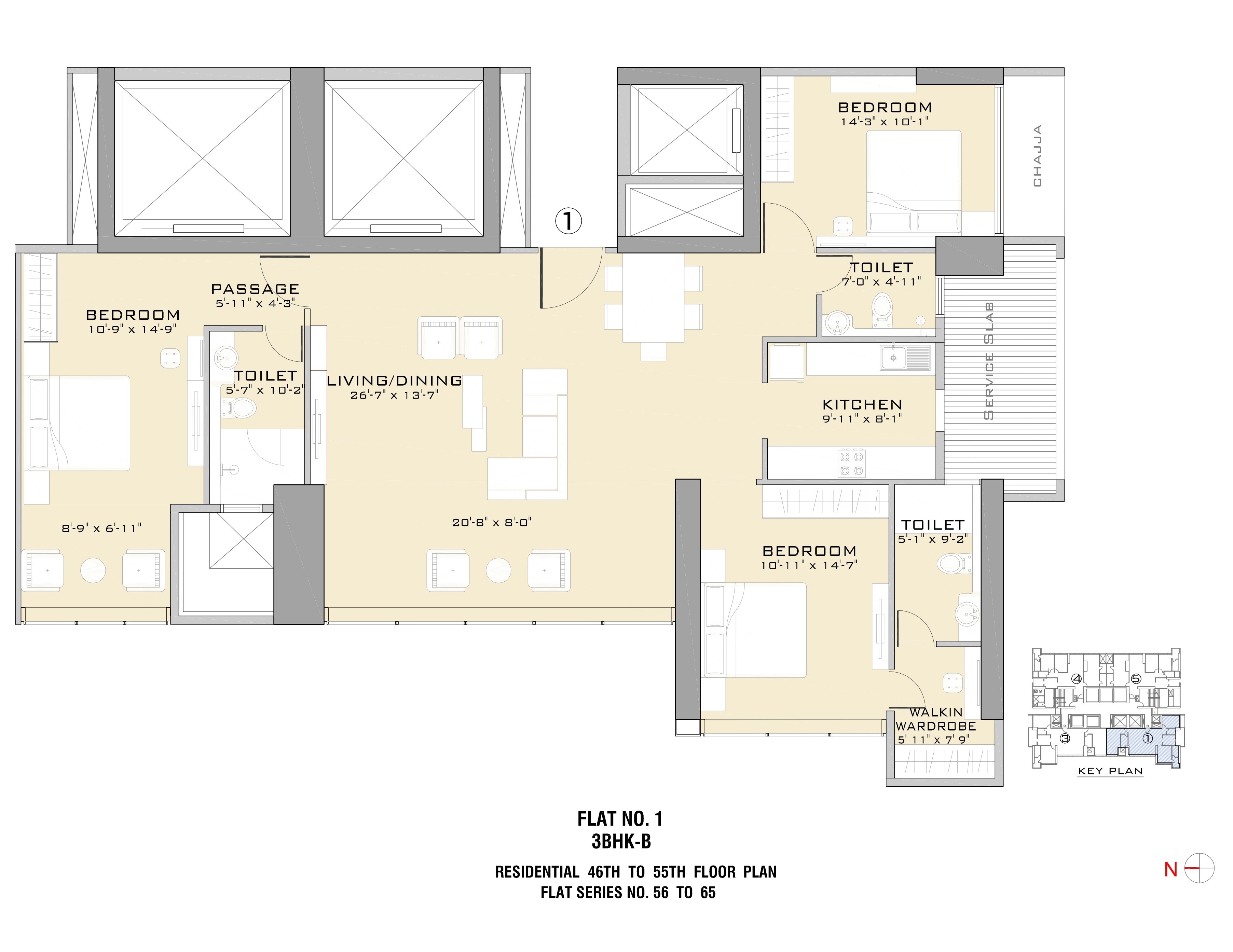 Floor plan of 3 BHK 1226 Sq. Ft. Apartment in Ruparel Ariana, Mumbai