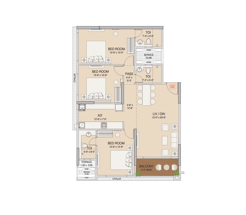 Floor plan of 3 BHK 1032 Sq. Ft. Apartment in Ruparel Arista, Mumbai