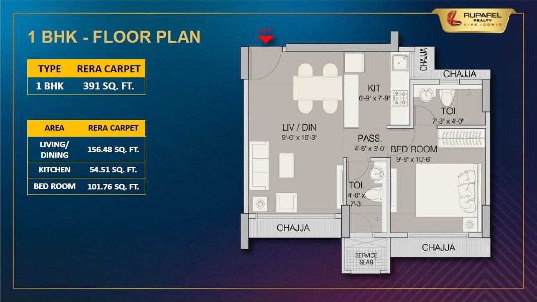 Floor plan of 1 BHK 391 Sq. Ft. Apartment in Ruparel Crest, Mumbai