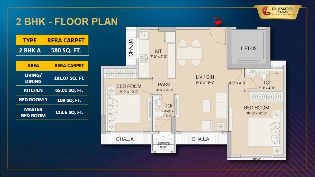 Floor plan of 2 BHK 580 Sq. Ft. Apartment in Ruparel Crest, Mumbai