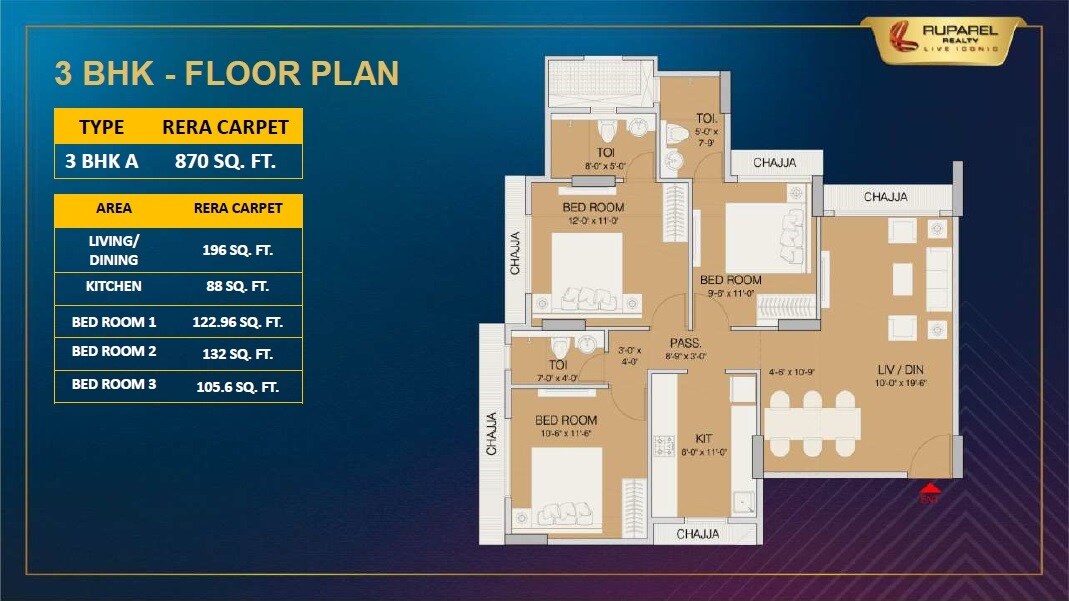 Floor plan of 3 BHK 870 Sq. Ft. Apartment in Ruparel Crest, Mumbai