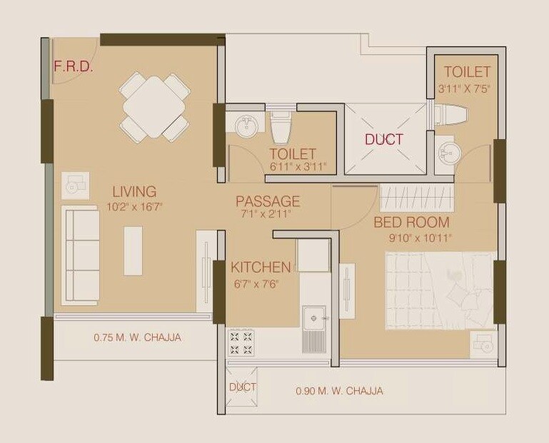 Floor plan of 1 BHK 426 Sq. Ft. Apartment in Ruparel Elara, Mumbai
