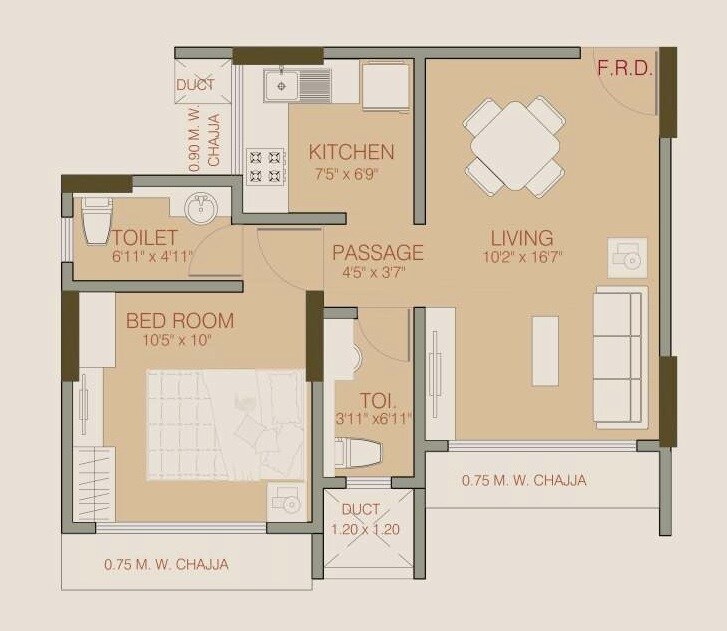 Floor plan of 1 BHK 432 Sq. Ft. Apartment in Ruparel Elara, Mumbai