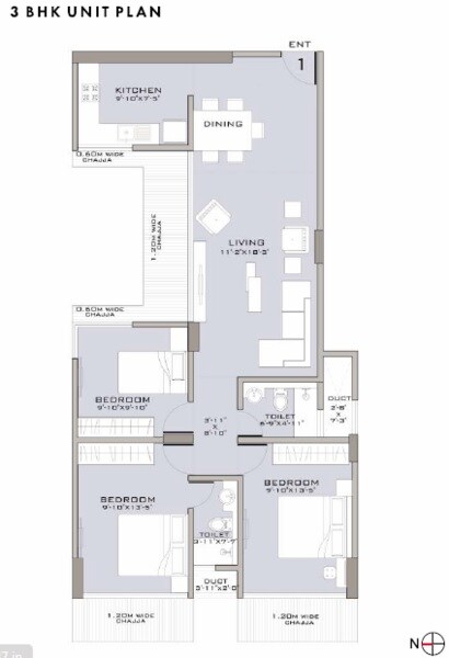 Floor plan of 3 BHK 889 Sq. Ft. Apartment in Ruparel Elavia, Mumbai