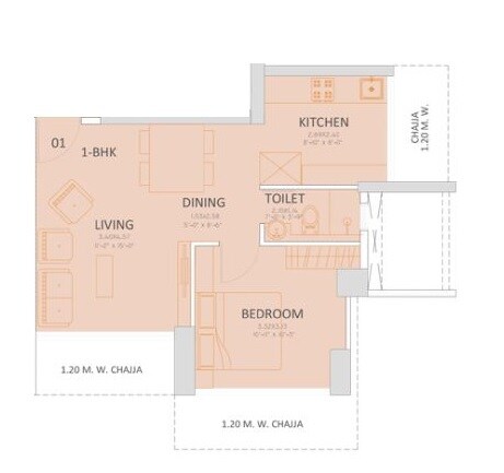 Floor plan of 1 BHK 435 Sq. Ft. Apartment in Ruparel Iris, Mumbai