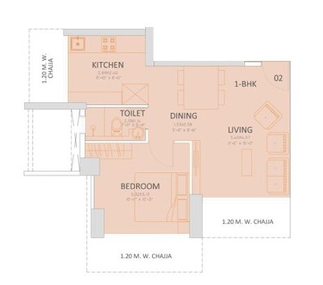Floor plan of 1 BHK 465 Sq. Ft. Apartment in Ruparel Iris, Mumbai