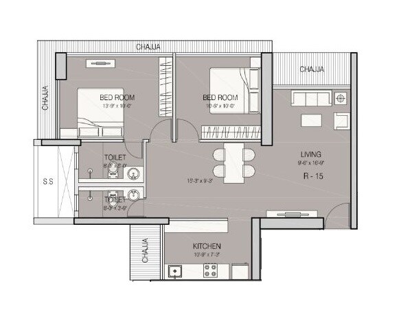 Floor plan of 2 BHK 567 Sq. Ft. Apartment in Ruparel Iris, Mumbai
