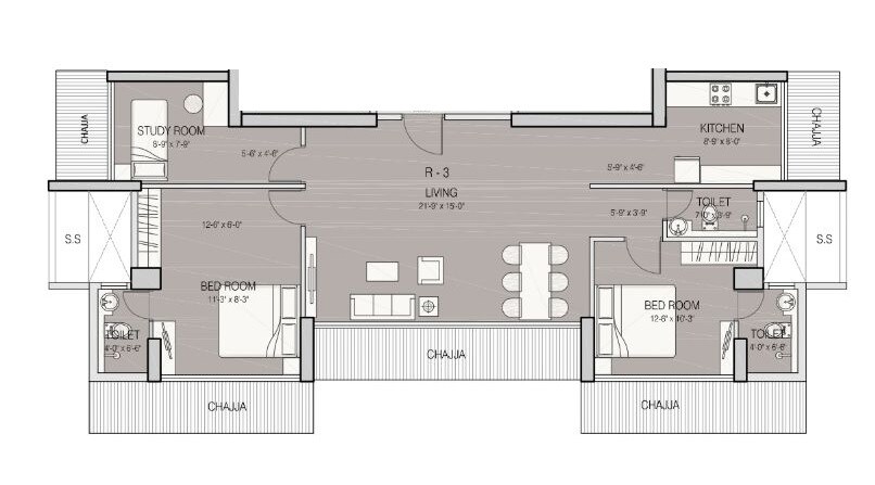 Floor plan of 2 BHK 830 Sq. Ft. Apartment in Ruparel Iris, Mumbai