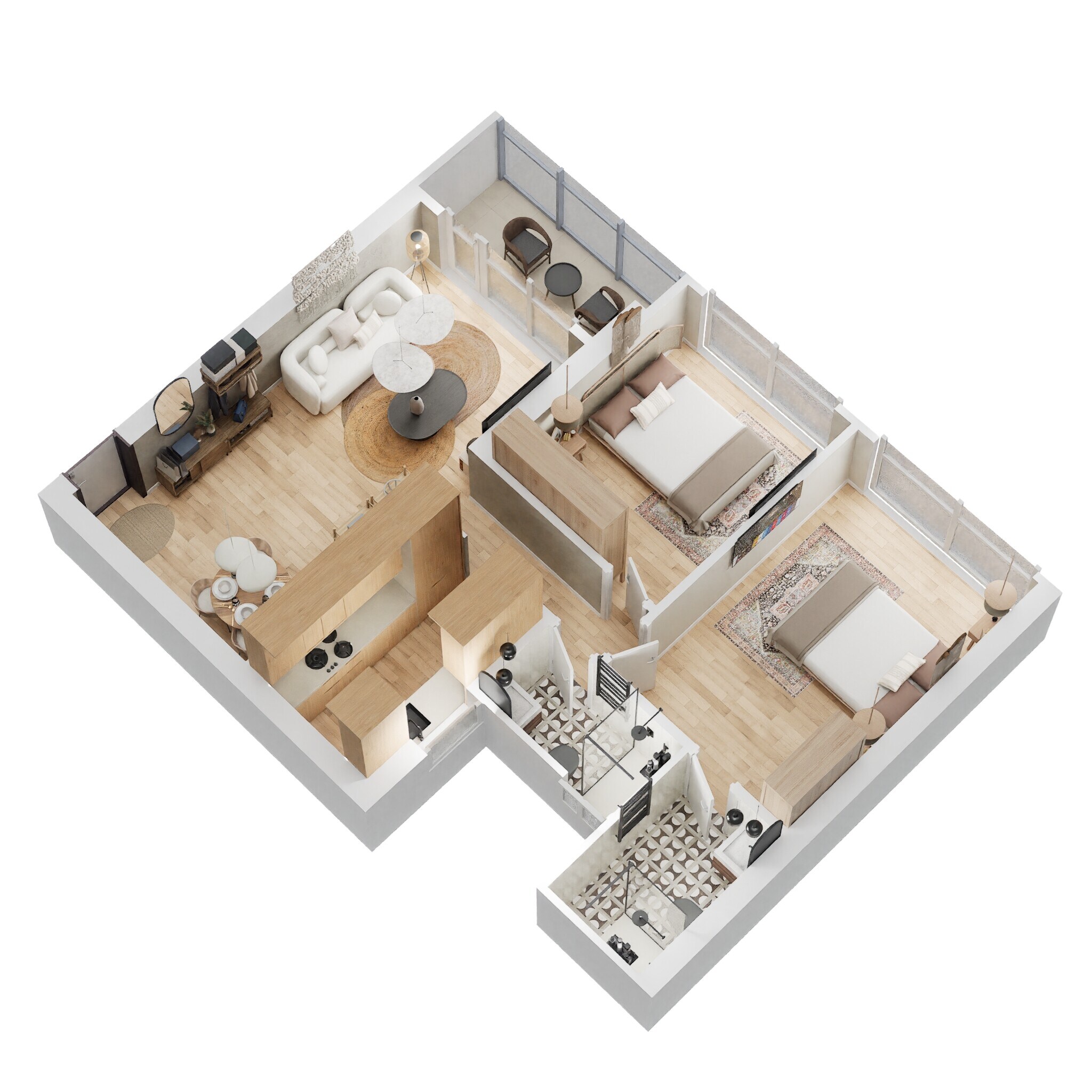 Floor plan of 2 BHK 740 Sq. Ft. Apartment in Ruparel Luminare, Mumbai