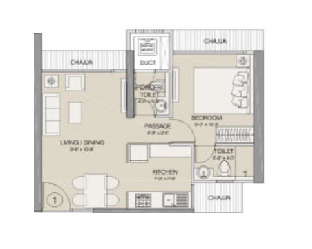 Floor plan of 1 BHK 368 Sq. Ft. Apartment in Ruparel Nova, Mumbai