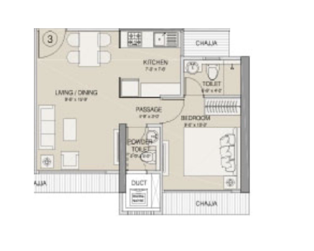 Floor plan of 1 BHK 374 Sq. Ft. Apartment in Ruparel Nova, Mumbai