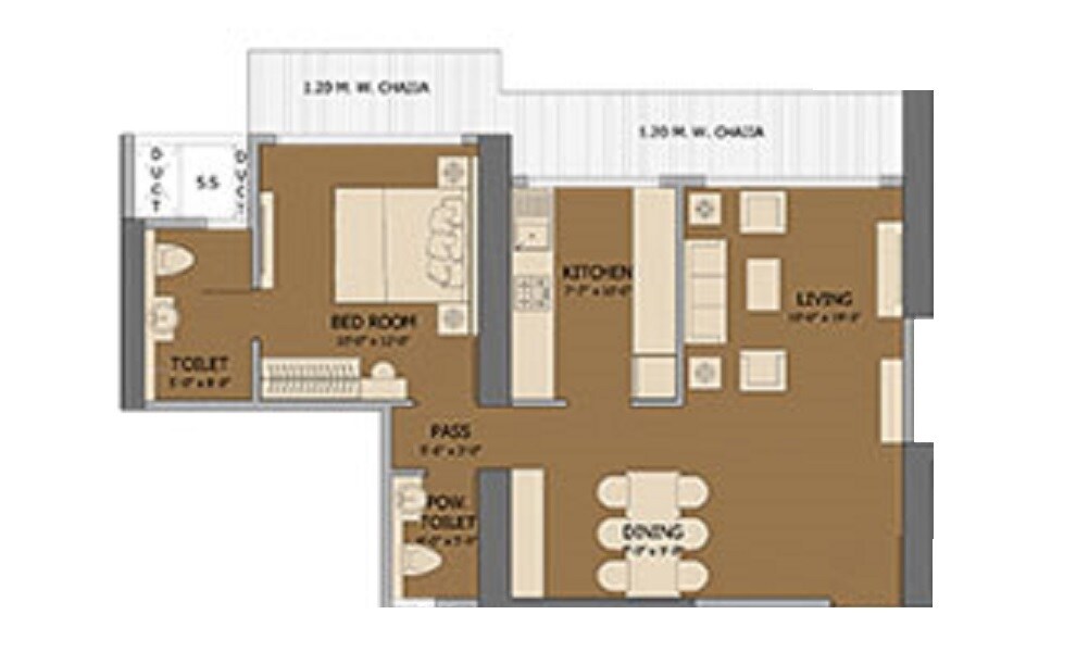 Floor plan of 1 BHK 575 Sq. Ft. Apartment in Ruparel Palacio Phase 1, Mumbai
