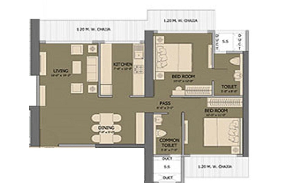 Floor plan of 2 BHK 711 Sq. Ft. Apartment in Ruparel Palacio Phase 1, Mumbai