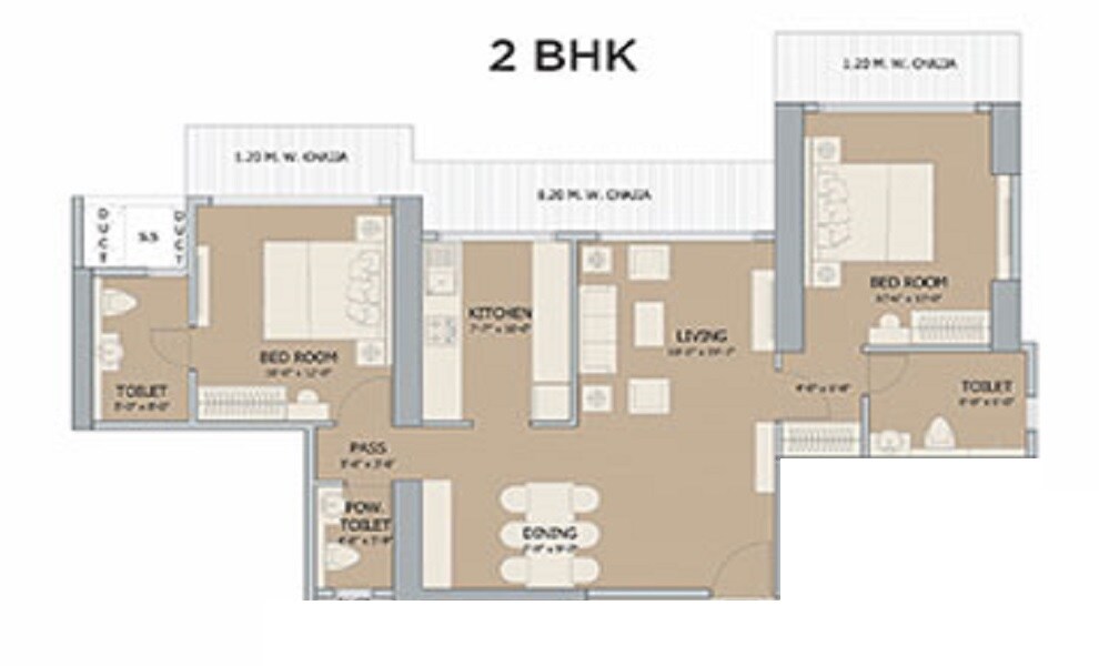 Floor plan of 2 BHK 799 Sq. Ft. Apartment in Ruparel Palacio Phase 1, Mumbai