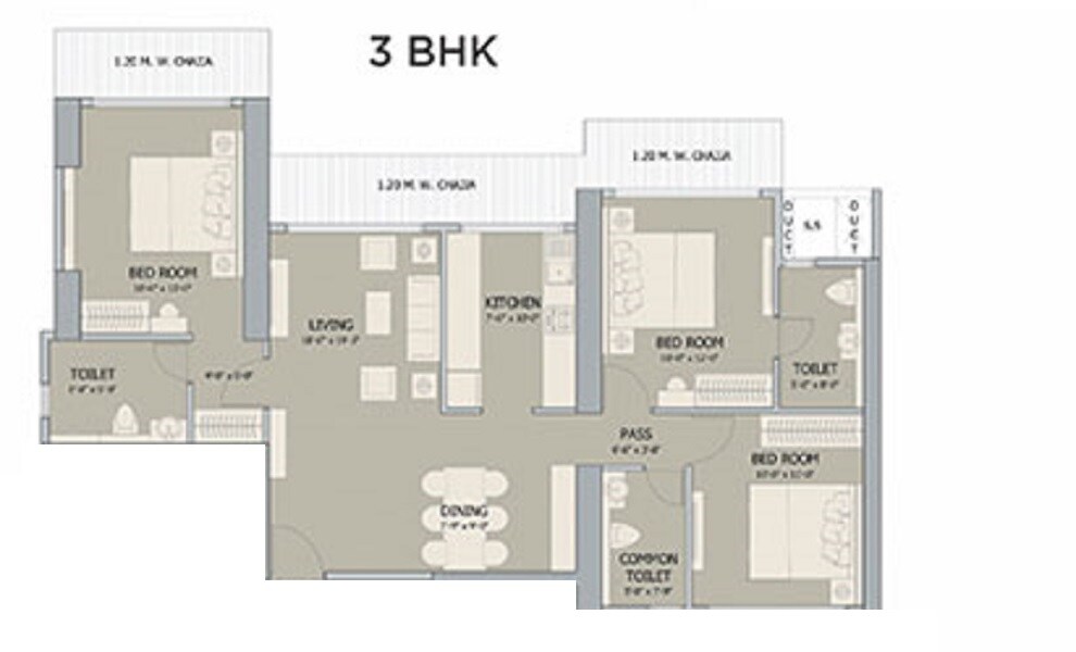 Floor plan of 3 BHK 935 Sq. Ft. Apartment in Ruparel Palacio Phase 1, Mumbai