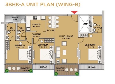 Floor plan of 3 BHK Apartment - 1185 sq. ft. in Ruparel Panache, Mumbai