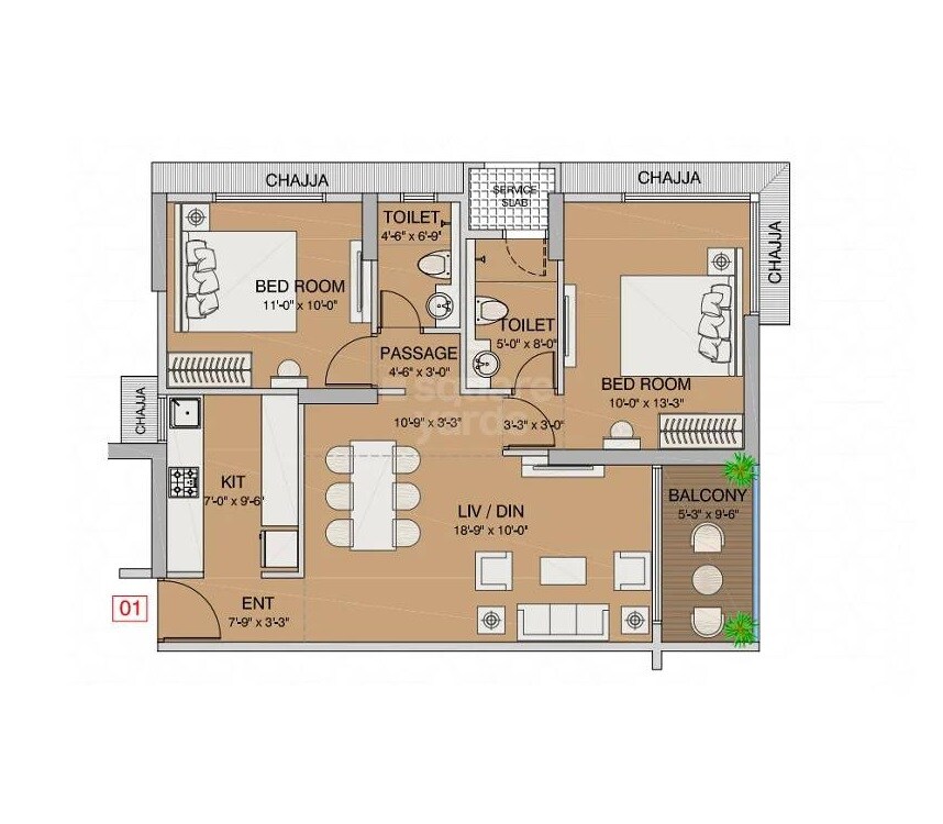 Floor plan of 2 BHK 725 Sq. Ft. Apartment in Ruparel Pristine, Mumbai