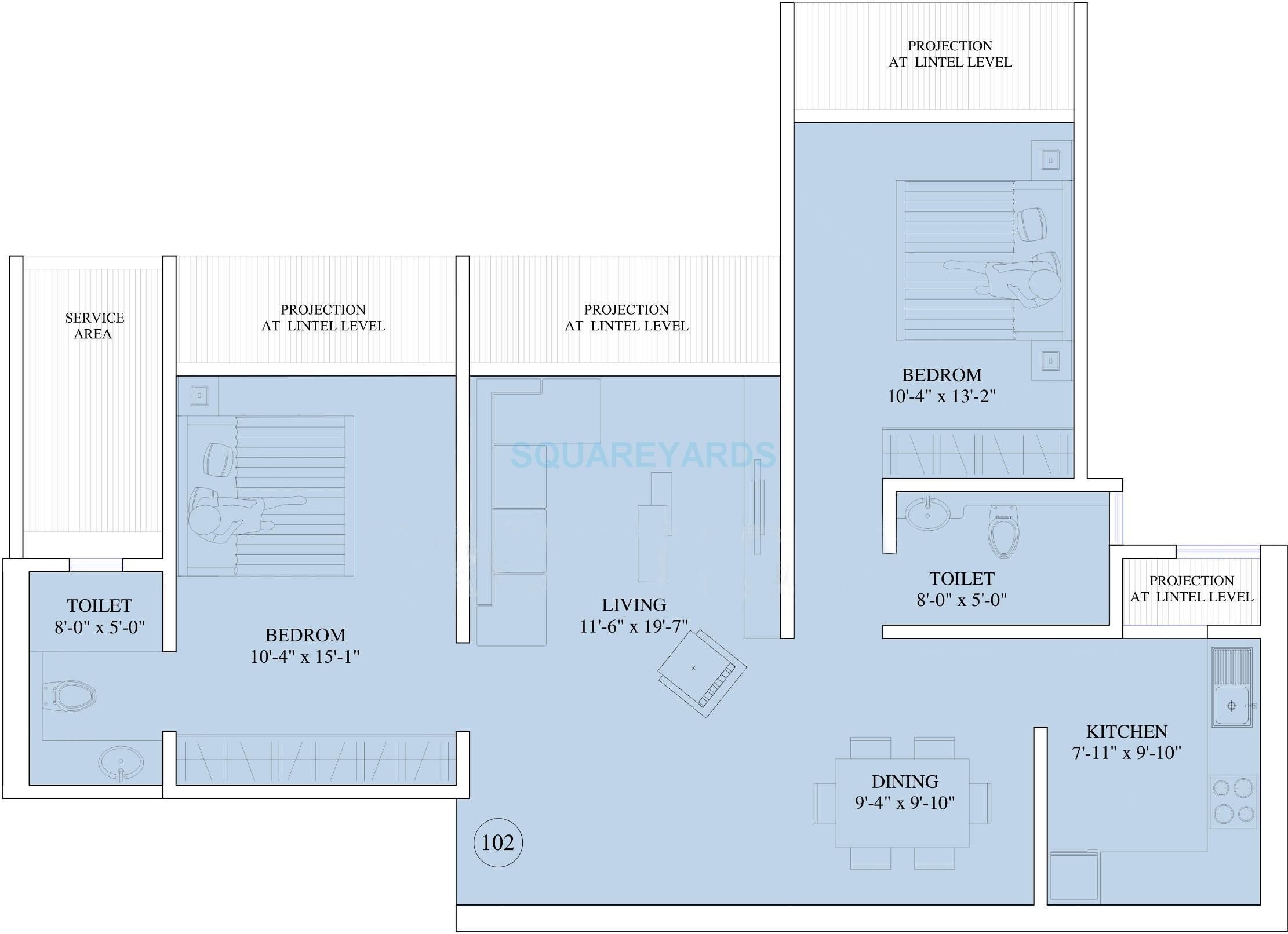 Floor plan of 2 BHK 820 Sq. Ft. Apartment in Ruparel The Orion, Mumbai