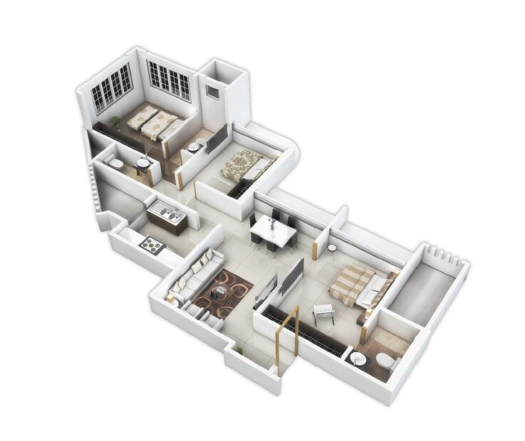 Floor plan of 3 BHK 949 Sq. Ft. Apartment in Ruparel The Orion, Mumbai
