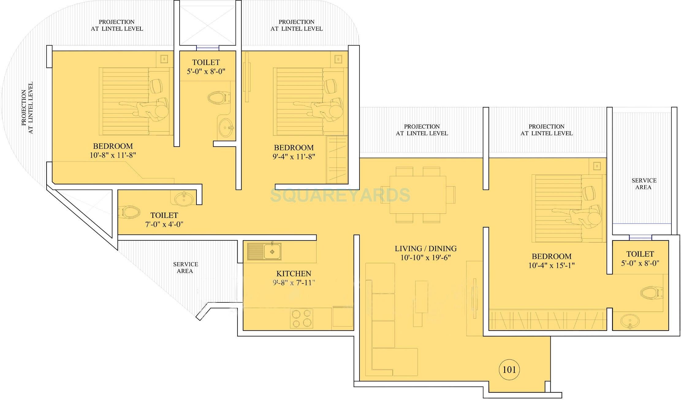 Floor plan of 3 BHK 980 Sq. Ft. Apartment in Ruparel The Orion, Mumbai