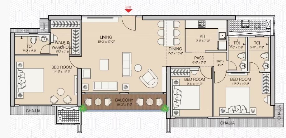 Floor plan of 3 BHK Apartment - 1070 sq. ft. in Ruparel Vivanza, Mumbai