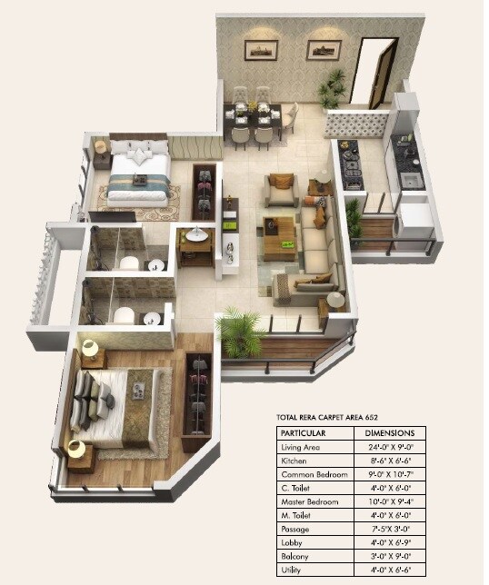 2 BHK 652 Sq. Ft. Apartment