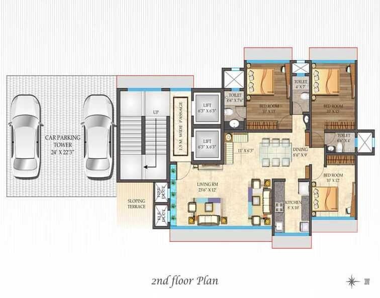 Floor plan of 3 BHK 1710 Sq. Ft. Apartment in Rushabh Sambhav Pearl, Mumbai