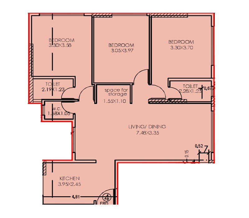 Floor plan of 3 BHK 941 Sq. Ft. Apartment in Rushi Virat 45, Mumbai