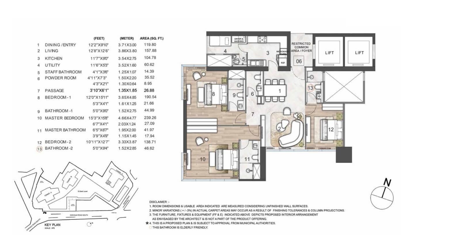 Floor plan of 3 BHK Apartment - 1421 sq. ft. in Rustomjee Crown, Mumbai