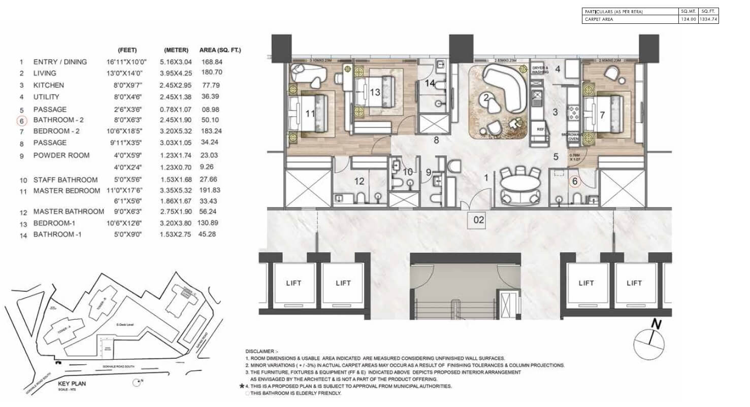 Floor plan of 3 BHK Apartment - 1350 sq. ft. in Rustomjee Crown, Mumbai