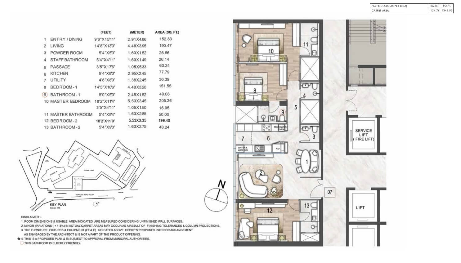 Floor plan of 3 BHK Apartment - 1343 sq. ft. in Rustomjee Crown, Mumbai