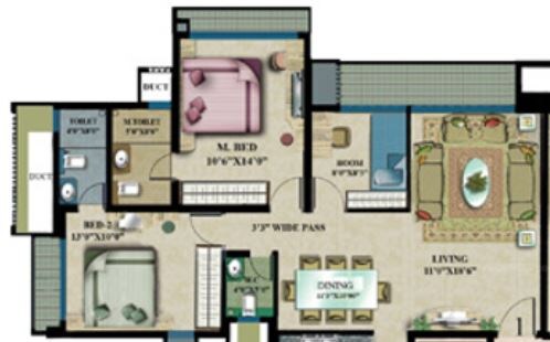 Floor plan of 2 BHK 1305 Sq. Ft. Apartment in Rustomjee Elanza, Mumbai