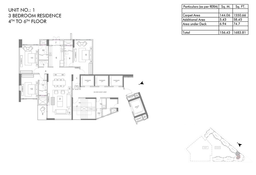 Floor plan of 3 BHK 1684 Sq. Ft. Apartment in Rustomjee Elements, Mumbai