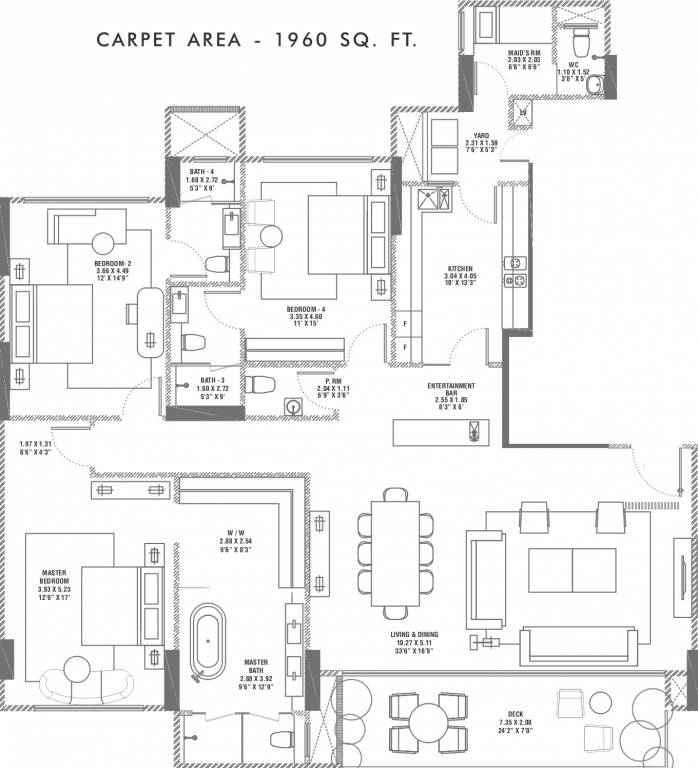 Floor plan of 3 BHK 1960 Sq. Ft. Apartment in Rustomjee Elements, Mumbai