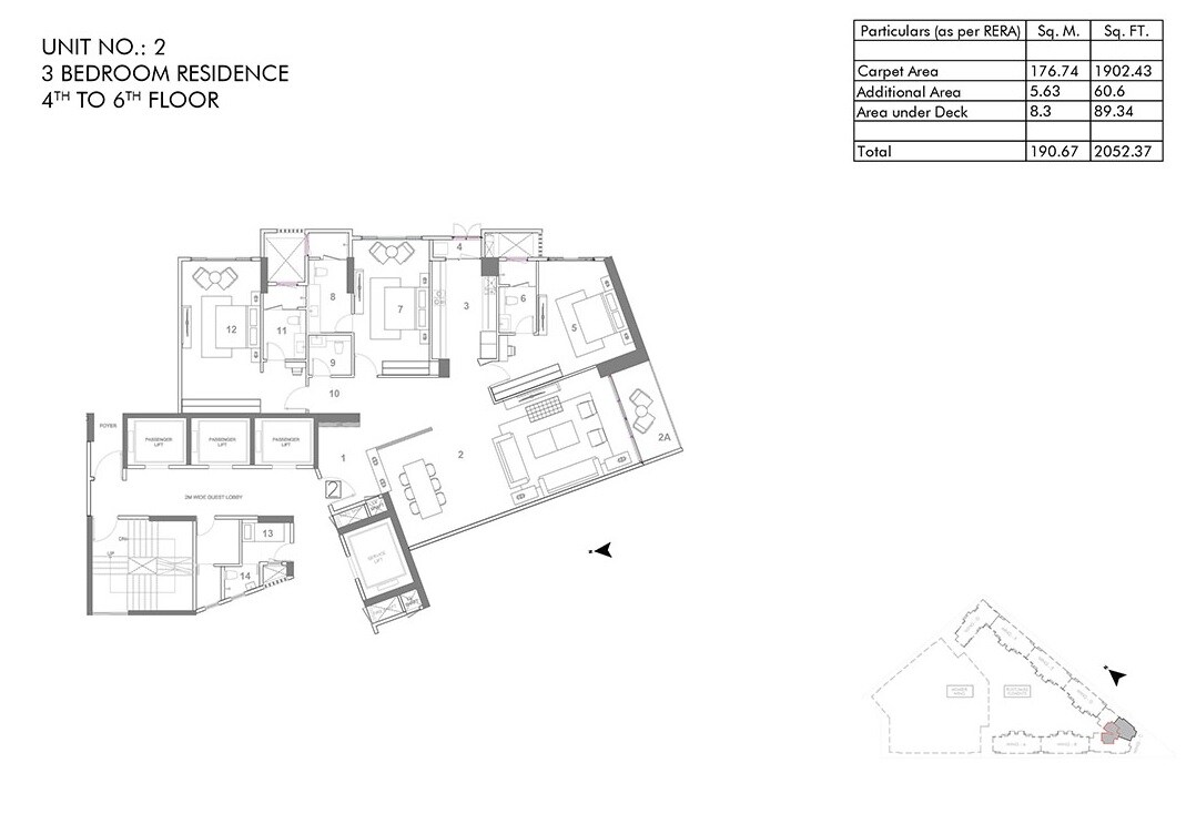 Floor plan of 3 BHK 2052 Sq. Ft. Apartment in Rustomjee Elements, Mumbai