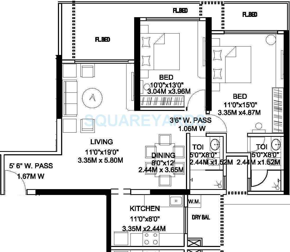 Floor plan of 2 BHK 1300 Sq. Ft. Apartment in Rustomjee Elita, Mumbai