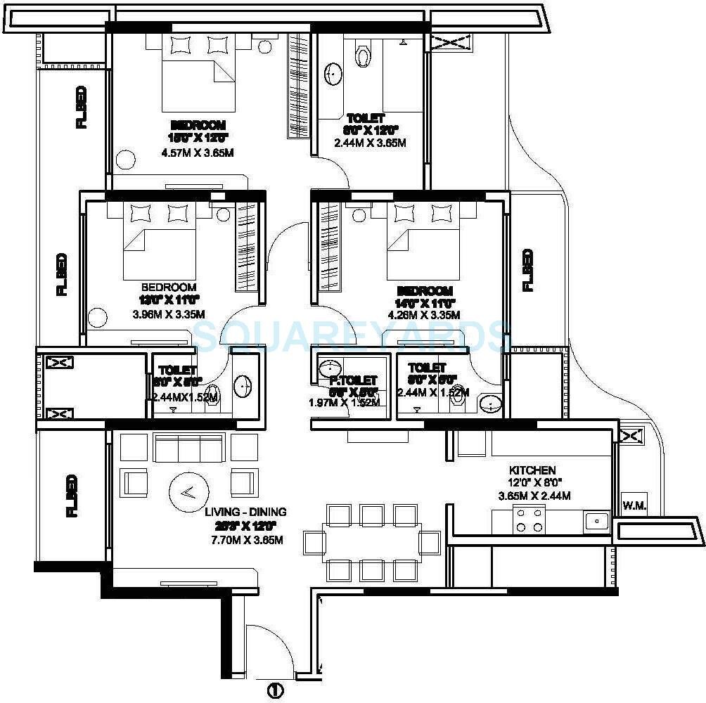 Floor plan of 3 BHK 2000 Sq. Ft. Apartment in Rustomjee Elita, Mumbai