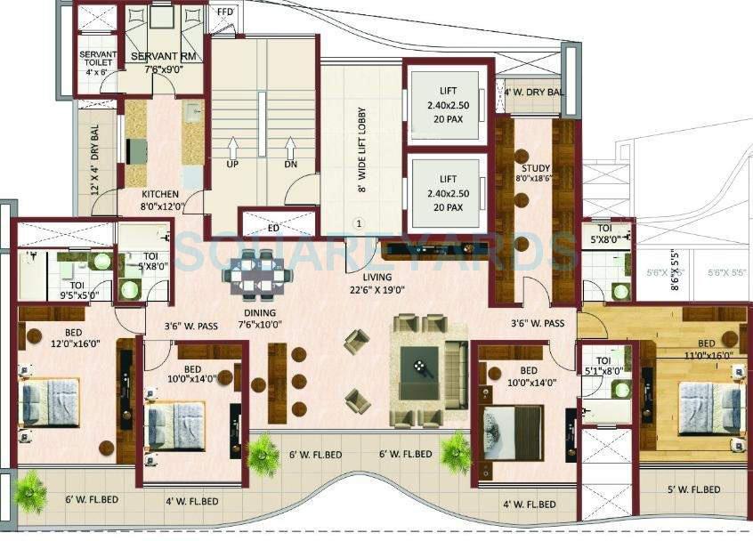 Floor plan of 4 BHK 3100 Sq. Ft. Apartment in Rustomjee Elita, Mumbai