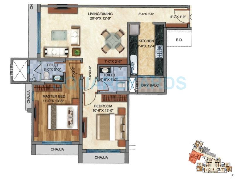 Floor plan of 2 BHK 868 Sq. Ft. Apartment in Rustomjee Le Reve, Mumbai